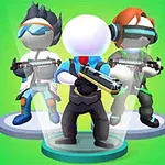 3Dスタイルのキャラクターが緑色の背景に3人並んでいて、それぞれ武器を持っている。