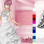ピンクのヘアスタイルの女性が白いドレスを着てポーズをとっている画像で、背景はピンク色の装飾とドレスのカラーパレットが表示されています。