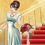豪華な階段を背景に、エレガントなドレスを着た女性が花束を持ってポーズをとっている。