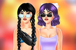 サングラスをかけた黒髪の三つ編みの女性と紫のボブヘアの女性が並んで立つ、カラフルなぼかし背景のイラスト。