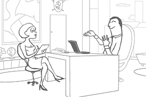 オフィスの机を挟んで向かい合って座る男性と女性のイラスト。