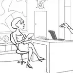 オフィスの机を挟んで向かい合って座る男性と女性のイラスト。