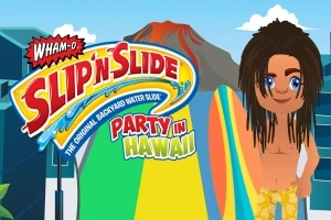 男性キャラクターがサーフボードを持って立っており、背景には山と「 SLIP ‘N SLIDE PARTY IN HAWAII 」のロゴがある。