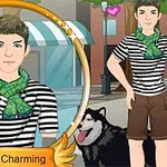ストライプのシャツと緑のスカーフを身に着けた男性と犬が街並みに立っているイラスト。