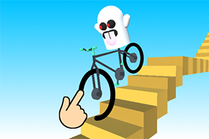 白いキャラクターが自転車に乗り、階段を下っている様子。