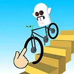 白いキャラクターが自転車に乗り、階段を下っている様子。