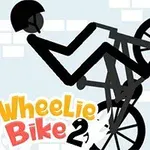 自転車でウィリーをしているヘルメットをかぶった棒人間と「Wheelie Bike 2」のロゴ。