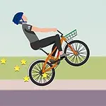 自転車に乗った青いヘルメットの男性がウィリーしながら星を集めているイラスト。