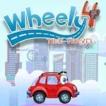 赤い車が青い空を背景に走っているイラスト。