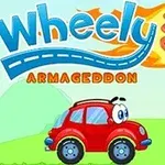 赤い車と風車が描かれたカラフルなイラスト。