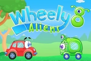 赤い車と緑のエイリアンの車が草原で向かい合っているイラスト。
