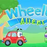 赤い車と緑のエイリアンの車が草原で向かい合っているイラスト。