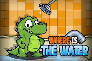緑のワニがシャワーの下に立っているイラストと、「WHERE IS THE WATER」のテキスト。