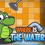 緑のワニがシャワーの下に立っているイラストと、「WHERE IS THE WATER」のテキスト。