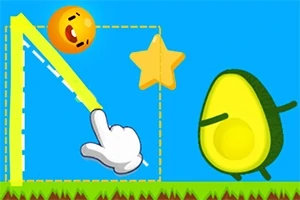 青空の背景に、アボカドのキャラクター、笑顔のボール、星、指差しの手が描かれているイラスト。