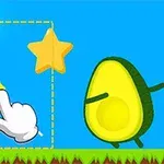 青空の背景に、アボカドのキャラクター、笑顔のボール、星、指差しの手が描かれているイラスト。