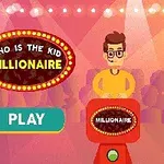 ピンクとオレンジの背景に、眼鏡をかけた男性がステージでクイズショーのセットに立っているイラスト。