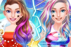 二人の女性がカラフルな髪をして微笑んでいるイラスト。