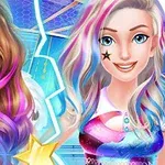 二人の女性がカラフルな髪をして微笑んでいるイラスト。