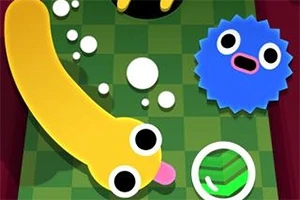 黄色いミミズのキャラクターと青い丸いキャラクターが緑のチェック柄の背景に描かれているイラスト。
