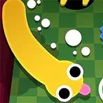 黄色いミミズのキャラクターと青い丸いキャラクターが緑のチェック柄の背景に描かれているイラスト。