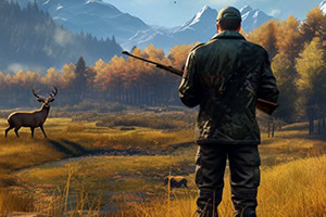 森の中の草原で銃を持つハンターが鹿を見つめている風景。