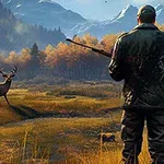 森の中の草原で銃を持つハンターが鹿を見つめている風景。