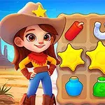 カウボーイハットをかぶった女の子が、西部の背景の前で、星形や馬蹄などのアイコンが並んだパズルを見ている。