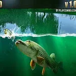 水中で魚を狙う大きな魚のイラスト。