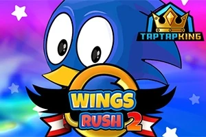 青い鳥が大きな目で中央に描かれ、下部に「WINGS RUSH 2」の文字がデザインされた色鮮やかな背景のイラスト。