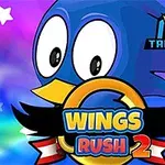 青い鳥が大きな目で中央に描かれ、下部に「WINGS RUSH 2」の文字がデザインされた色鮮やかな背景のイラスト。