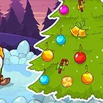 クリスマスツリーの横で帽子をかぶったキャラクターがそりに乗っているイラスト。