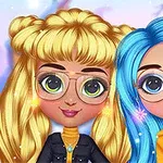 ふたりの大きな目を持つキャラクターがメガネをかけ、金色と青色の髪型をしているイラスト。