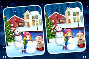 雪景色の中、雪だるまを作る子供たちと家が背景にある二つの似た画像。