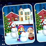 雪景色の中、雪だるまを作る子供たちと家が背景にある二つの似た画像。
