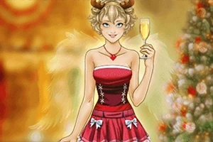 クリスマスツリーの前でシャンパンを持ち、トナカイの角をかぶった赤いドレスの女性。