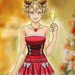 クリスマスツリーの前でシャンパンを持ち、トナカイの角をかぶった赤いドレスの女性。