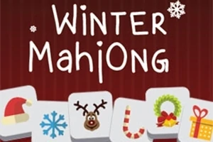 赤い背景に「Winter Mahjong」という文字とサンタ帽子、雪の結晶、トナカイ、キャンディケーン、クリスマスリース、プレゼントのイラストが描かれたタイルが並んでいる。