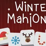 赤い背景に「Winter Mahjong」という文字とサンタ帽子、雪の結晶、トナカイ、キャンディケーン、クリスマスリース、プレゼントのイラストが描かれたタイルが並んでいる。