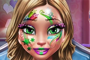 カラフルなフェイスペイントを施した金髪の女性のイラスト。