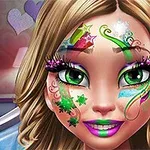 カラフルなフェイスペイントを施した金髪の女性のイラスト。