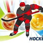 赤と黒のユニフォームを着たアイスホッケー選手がメダルの前でスティックを持っている。