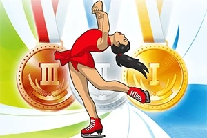 赤い衣装を着たフィギュアスケート選手が、金・銀・銅のメダルを背景にしてスピンをしているイラスト。