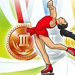 赤い衣装を着たフィギュアスケート選手が、金・銀・銅のメダルを背景にしてスピンをしているイラスト。