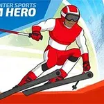 赤いスキーウェアを着た人物が斜面を滑降しているイラスト。