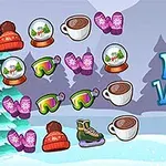 雪景色の中で、スノードーム、コーヒーカップ、手袋、ゴーグル、スケート靴などの冬アイテムが描かれたデザイン。