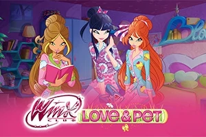 3人のカラフルな衣装を着たキャラクターが部屋で笑顔で立っているイラスト。