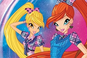 カラフルな背景の前で、チェック柄の服を着た二人のアニメキャラクターがポーズをとっている。
