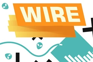 オレンジ色の背景に「WIRE」と書かれたテキストと青いワイヤーのグラフィック。