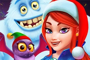 赤い帽子をかぶった女性と雪男、そして小さな紫色の生き物が描かれているイラスト。